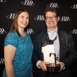 Figure 3: ABTT CEO Robin Townley with his gold-plated Hookclamp Award (right) with incoming ABTT CEO Liz Sillett (left)